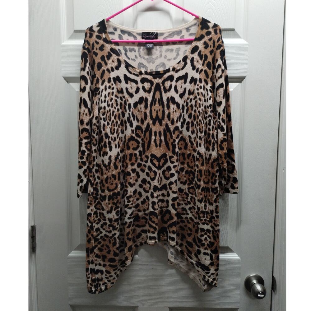 Questions by Say What? Size XL Leopard Cheetah Scoop Neck Shark Bite Sweater Top